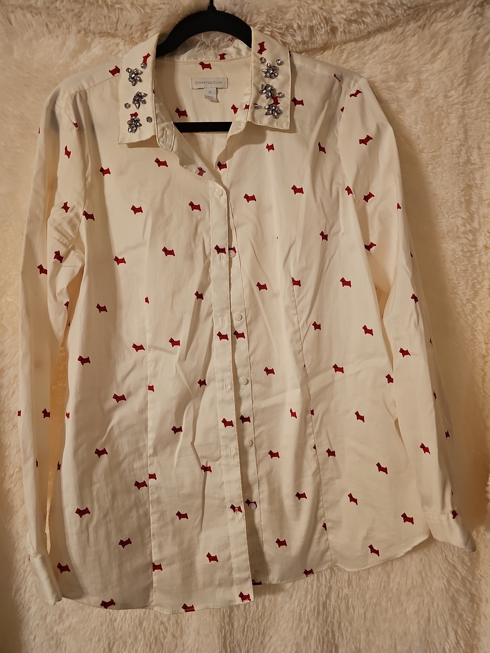 Charter Club Embellished Collar Cream Button-Up Shirt with Red Dog Print